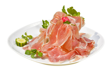 traditional Italian appetizer parma ham with melon - prosciutto melone  with white background
