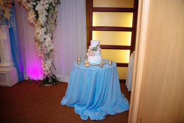 Sweet multilevel wedding cake decorated with beautiful flowers. Candy bar