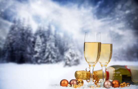 Champagne against winter background