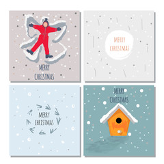 Fototapeta na wymiar Set of cute Christmas cards. Contains hand drawn elements by brush, text, dots, snowflakes. Vector