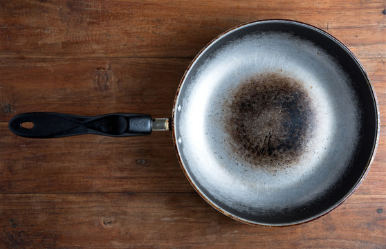 iron skillet on wooden table background.