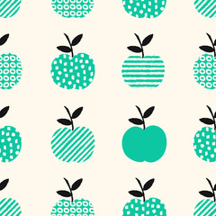 Hand drawn seamless pattern with apples in green, black and cream.