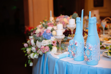 bottle of champagne, wedding table decoration, decor