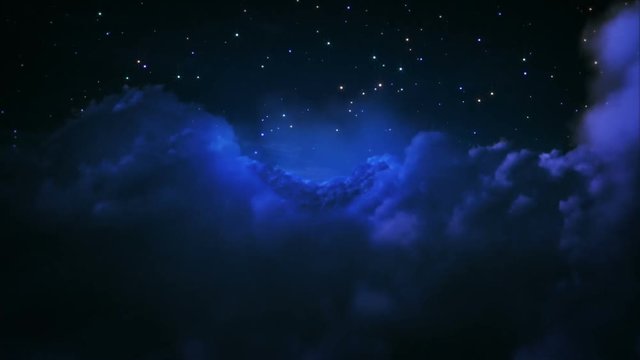 Flying through clouds at night. Blue starry sky. Loopable.