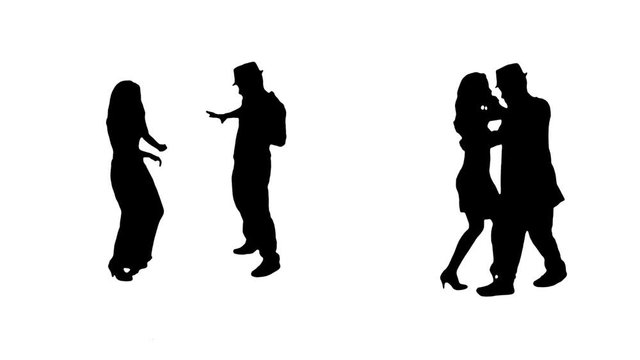 Dancing silhouettes. Couples. Tango and party.