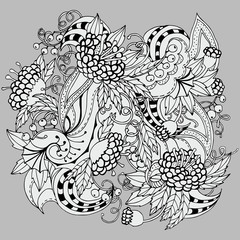 Floral round decorative element with leaves, berries, spirals and flowers. Black and white vector illustration for coloring pages or other.