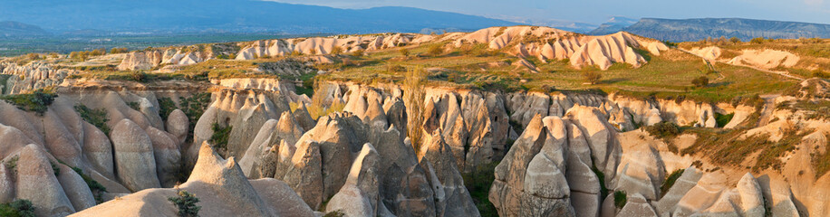 Fototapeta na wymiar Panorama of volcanic canyons in Cappadocia.