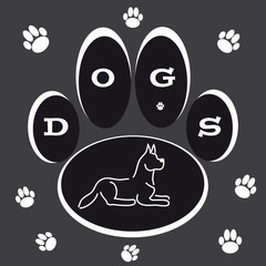 Dog paw with dog silhouette on grey background
