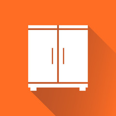 Cupboard icon on orange background with long shadow. Modern flat pictogram for business, marketing, internet. Simple flat vector symbol for web site design.