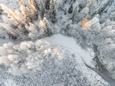 Snow covered forest and frozen river, Finland 