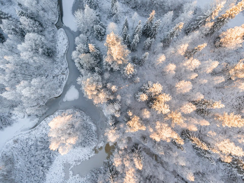 Snow covered forest, frozen river at sunset, Finland 