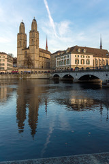 ZURICH, SWITZERLAND - 28 OCTOBER 2015 : Grossmunster church in Limmat River, City of Zurich, Switzerland