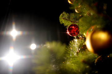 background with Christmas tree, Christmas decorations and Christmas lights