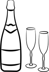Champagne bottle with two glasses made of lines