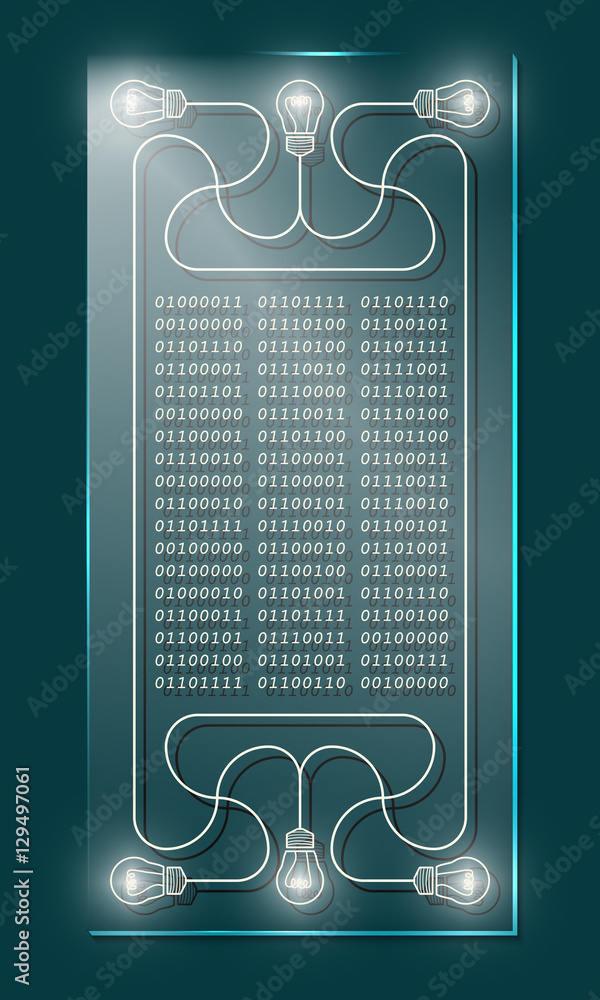 Poster binary code and glass panel with bulb symbol