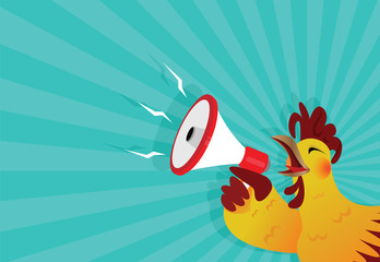 The Rooster crows with a megaphone, vector cartoon