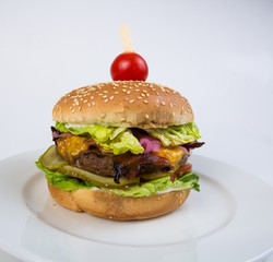 Cheeseburger on white plate