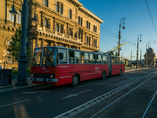 Fototapeta na wymiar Red trolleybus Ikarus. Budapest