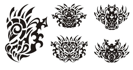 Tribal bird symbols. Unusual symbols of a bird similar to a rooster. Black on white