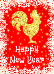 Golden glitter crowing rooster with sparkles and stars on red Christmas background with snowflakes. Chinese symbol for the New year 2017. Silhouette with gold confetti. Tinsel vector illustration.