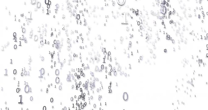4K moving background of swirling smoke like chrome binary numbers over white.  Great for technology, communications, IT, business, or computer applications.