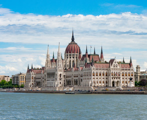Fototapeta na wymiar Bright view of the Parliament in Budapest diagonally