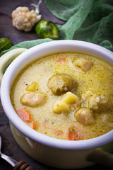 Vegetable soup with carrot, cauliflower, potato, Brussels sprout