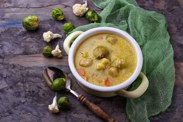 Vegetable soup with carrot, cauliflower, potato, Brussels sprout