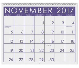 2017: Calendar: Month Of November With Thanksgiving,