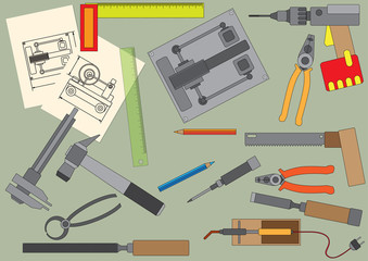 A set of hand tools for productive work. Production on the drawing model. Vector illustration.