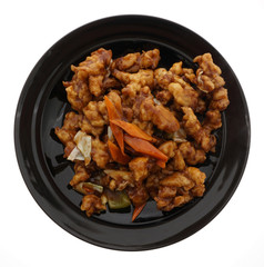 Chinese food. Pork in soya sauce and vegetables
