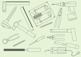 Obraz premium A set of hand tools for productive work. Production on the drawing model. Vector illustration.
