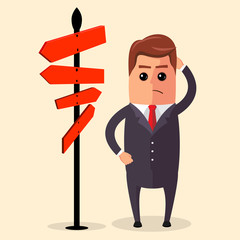 Vector Businessman or manager have to choose between different routes. He is looking on a road sign with directions