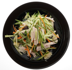 Cucumber salad with ham, black and whie mushrooms