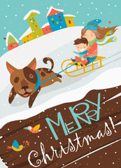 Funny dog pulling sledge with children