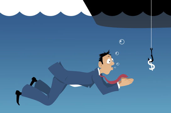 Gullible businessman swimming under water towards a dollar sign on a fishing hook, EPS 8 vector illustration 