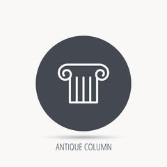 Antique column icon. Ancient museum sign. Architectural pillar symbol. Round web button with flat icon. Vector