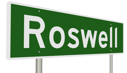 A 3d rendering of a green highway sign for Roswell, New Mexico