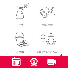 Achievement and video cam signs. Car wash icons. Automatic cleaning station linear signs. Bucket with foam bubbles, sponge and spray flat line icons. Calendar icon. Vector