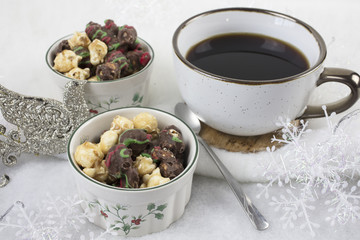 Christmas Coffee and Candied Popcorn in Holiday Bowls