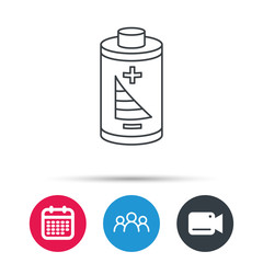 Battery icon. Electrical power sign. Rechargeable energy symbol. Group of people, video cam and calendar icons. Vector