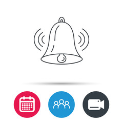 Ringing bell icon. Sound sign. Alarm handbell symbol. Group of people, video cam and calendar icons. Vector