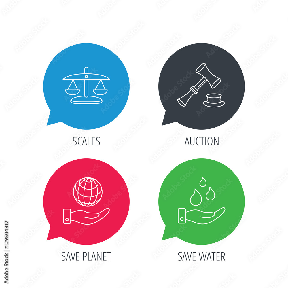 Poster colored speech bubbles. save nature, auction and scales of justice icons. save planet linear sign. f