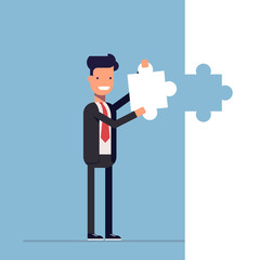 Businessman or manager puts the last piece of the puzzle. Shutdown. Solution. Happy man in a business suit. Vector, illustration EPS10.