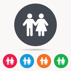 Couple icon. Traditional young family symbol. Colored circle buttons with flat web icon. Vector