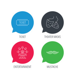 Fototapeta premium Colored speech bubbles. Ferris wheel, ticket and theater masks icons. Mustache linear sign. Flat web buttons with linear icons. Vector