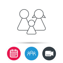 Family icon. Male, female and child sign. Group of people, video cam and calendar icons. Vector