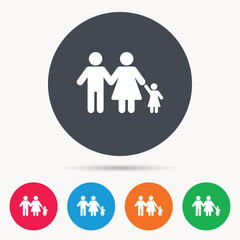 Family icon. Father, mother and child symbol. Colored circle buttons with flat web icon. Vector