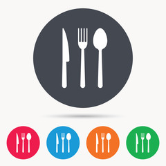 Fork, knife and spoon icons. Cutlery symbol. Colored circle buttons with flat web icon. Vector