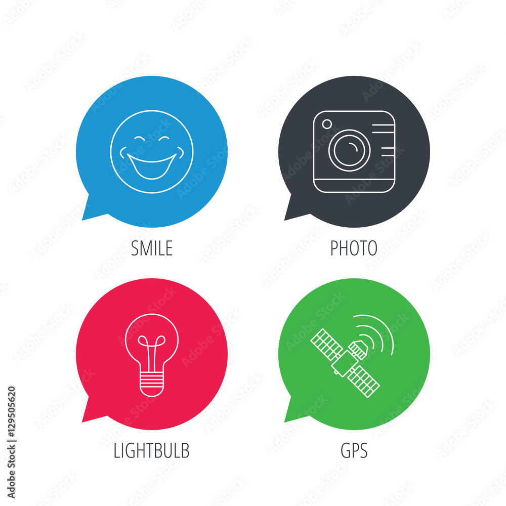 Poster colored speech bubbles. smiling face, photo camera and lightbulb icons. gps linear sign. flat web bu